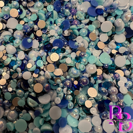 Blue Lovers Glass Rhinestone and Pearl Flat Back Loose Bling Mix