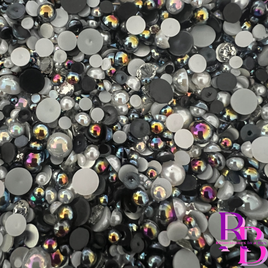 Black Sand Glass Rhinestone and Pearl Flat Back Loose Bling Mix