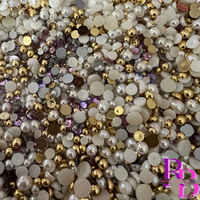 Golden Purple Cream Glass Rhinestone and Pearl Flat Back Loose Bling Mix