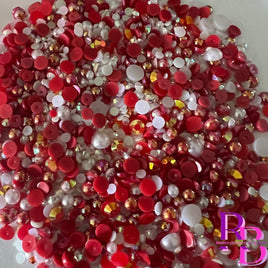 Red & White Rhinestone and Pearl Resin Flat back Loose Mix 2mm to 8mm